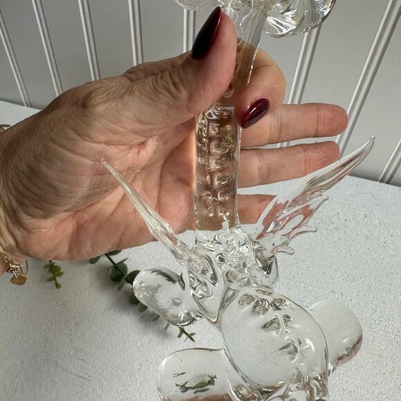 Vintage Art Glass Happy Dragon Figurine | Clear Glass Yellow Eyes | Handmade - Picture 7 of 9